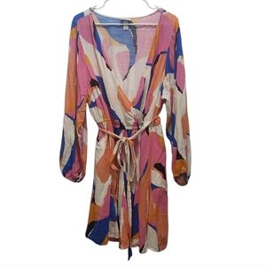 Ava & Viv Long Balloon Sleeve Wrap Dress Colorful Abstract Retro Plus Size 1X **